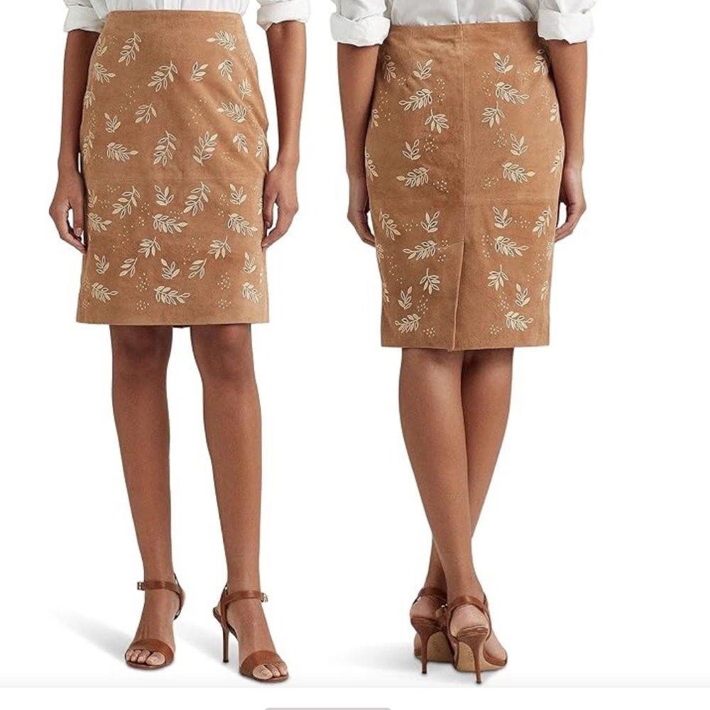 Lauren Ralph Lauren Embroidered Suede Pencil Skirt (Light Camel) Women's Skirt